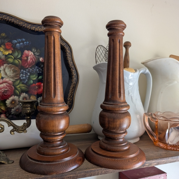 Elegant Wooden Candle Holders Pair of Vintage Turned Walnut Wood Candlestick